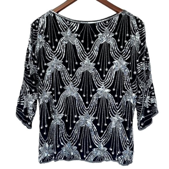 Vintage Retro Black Hand-Beaded Sequin Women's Top 100% Silk Size Medium - Picture 2 of 7
